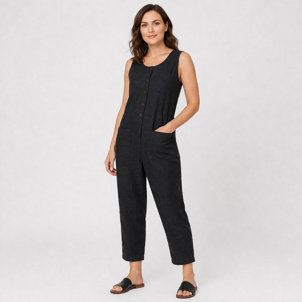 Offon Clothing Linen Jumpsuit Womens S Black Sleeveless Button Front Pockets
